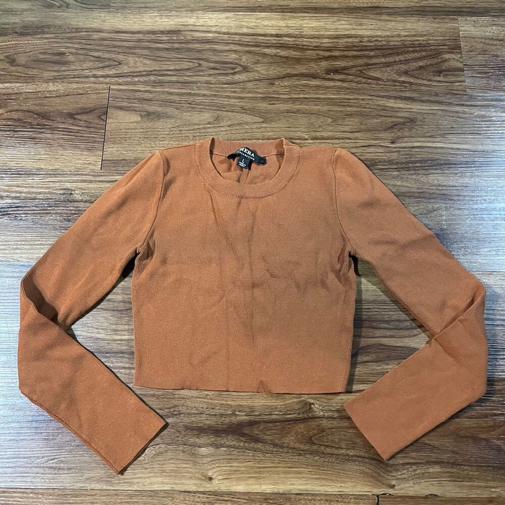 HERA Clothing Slim Fit Long Sleeves Crop Top Shirt Womens Size Large Brown